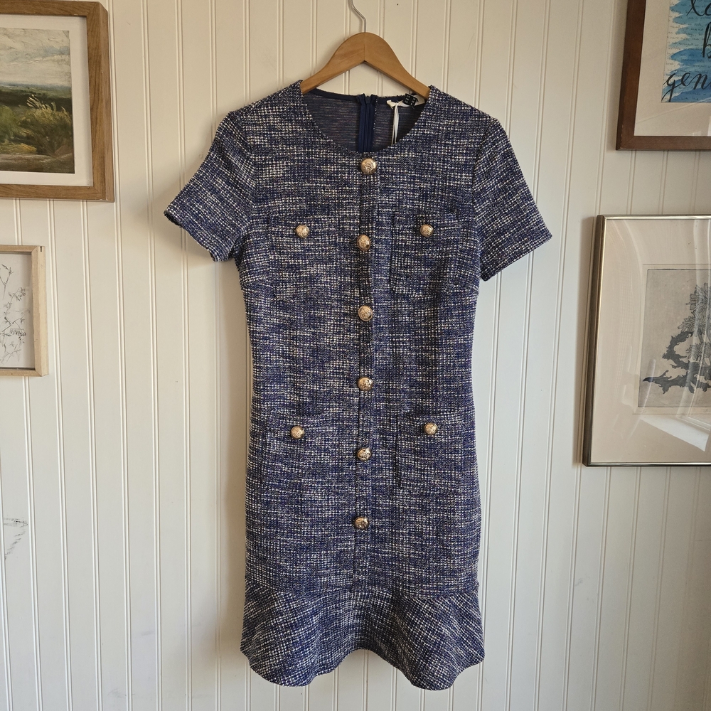 Grace Karin Nwt Navy Tweed Preppy Chic Mini Dress Buttons And Pockets